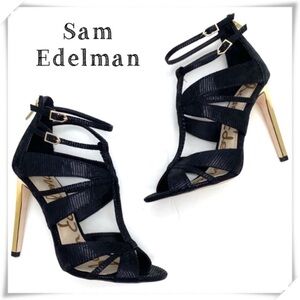 SAM Edelman Pepper Lizards Leather Strap Gold High Heel Sandal in Black Size 7.5